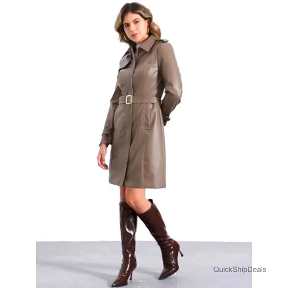 Faux Leather Trench Coat with Belt, Zipper Front, Lapel Collar